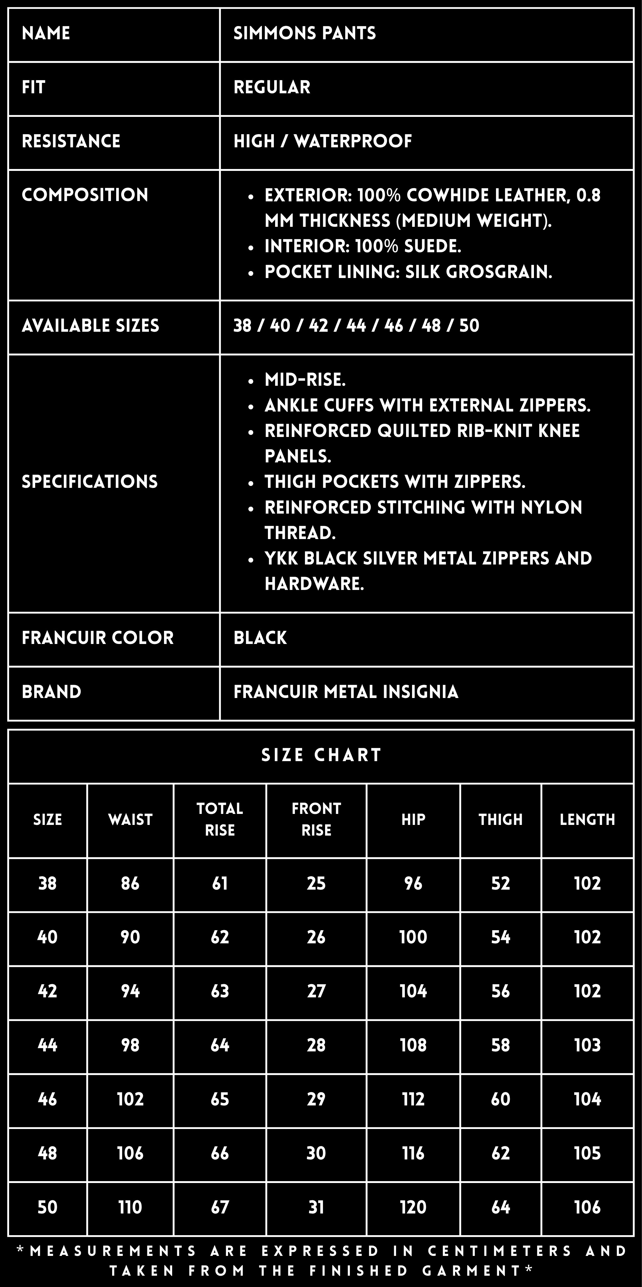 SIMMONS PANTS &mdash; TECHNICAL SPECIFICATIONS | FRANCUIR